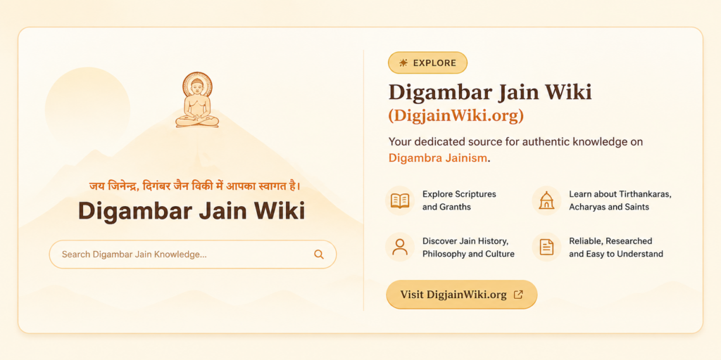DigJainWiki - DJainWiki Left panel shows a pale mountain landscape with a seated figure atop a peak and Hindi welcome text; a rounded search field sits below. Right panel promotes Digambar Jain Wiki (DigainWiki.org) with an Explore button, header, subheading, feature icons, and a large Visit DigainWiki.org button.